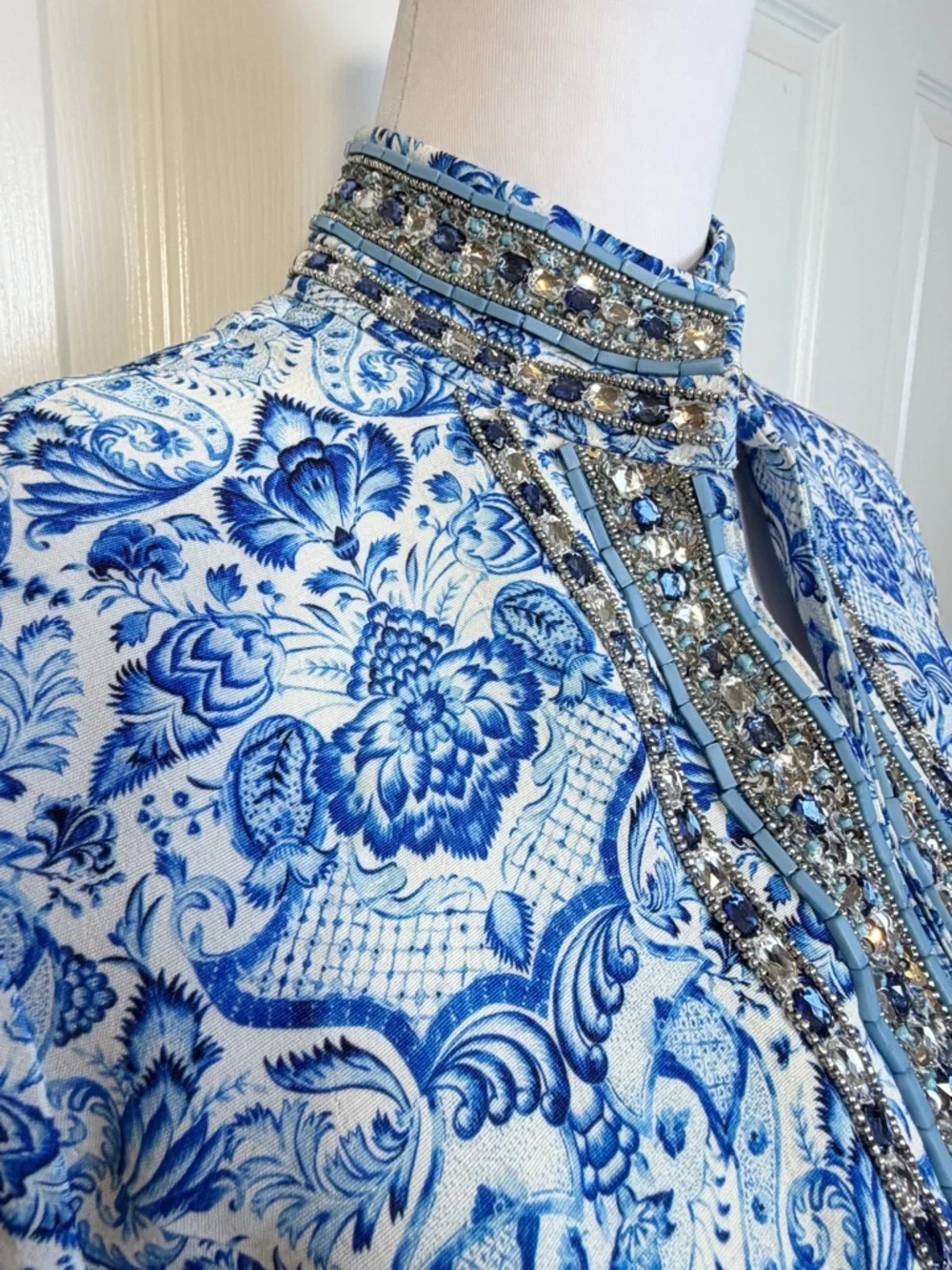 Nicoblu Beaded Resort Dress Blue White Mediterranean Luxe Size 6 - Picture 5 of 15